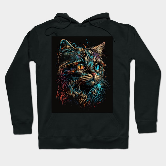 Retro Cat Art Wearing Glasses Splash Abstract Vibe Watercolor Vintage Hoodie by Inspirational And Motivational T-Shirts